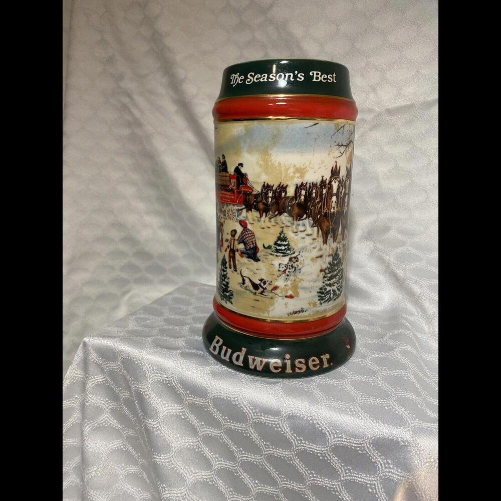 1991  Anheuser Busch  AB  Budweiser Bud Holiday Christmas Beer Stein Clydesdales